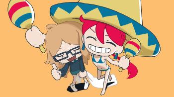 2girls aqua_skirt bikini blanket blonde_hair blue_bikini chibi closed_eyes earrings flat_chest freckles glasses grin hat highres holding holding_blanket hotelblue instrument jewelry long_sleeves madeline_(hotelblue) maracas multiple_girls navel original pencil_skirt ponytail r.h. red_hair simple_background skirt smile sombrero standing standing_on_one_leg sweat swimsuit thumbs_up yellow_background