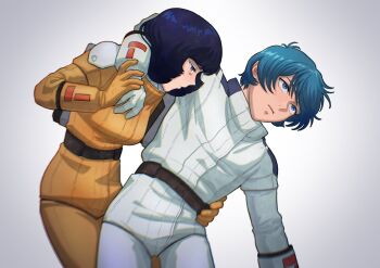 1boy 1girl aeug after_battle bad_end belt black_hair blue_eyes blue_hair carrying carrying_person commentary_request crazy empty_eyes fa_yuiry gloves gradient_background gundam highres kamille_bidan kogetoriten_999 mecha_pilot_suit normal_suit_(gundam) pilot_suit ptsd sad science_fiction spacesuit spoilers tears thousand_yard_stare tikarawaza zeta_gundam