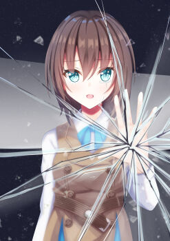 1girl absurdres aoi_erika black_hair blue_eyes commentary_request crack cracked_glass crying heaven_burns_red highres kosyou21057 looking_at_viewer open_mouth school_uniform short_hair streaming_tears tears tears_from_one_eye