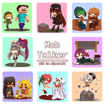 &gt;_&lt; 2boys 6+girls :d :o absurdres ander_(at2.) at2. black_legwear blaze_(minecraft) blonde_hair bread brown_hair cave_spider chibi closed_eyes creeparka creeper crying cupa_(at2.) dark-skinned_female dark_skin eating enderman food garter_straps ghast green_hair green_hoodie hair_bobbles hair_ornament highres holding holding_food hood hoodie long_hair minecraft mob_talker multiple_boys multiple_girls open_mouth personification purple_hair short_hair short_twintails silverfish_(minecraft) skeleton_(minecraft) smile spider_(minecraft) steve_(minecraft) thighhighs twintails white_hair wither_skeleton_(minecraft) xd yaebi_(at2.) zombified_piglin