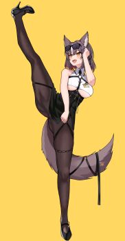 Rule 34 | 1girl, absurdres, animal ears, black ribbon, black shoes, black skirt, blush, brown hair, chisaka airi, colored inner hair, cropped shirt, eyewear on head, fangs, hair ornament, hairpin, highres, hikkio, id card, leg up, multicolored hair, o-ring, open mouth, pantyhose, phase connect, pink hair, ribbon, second-party source, shirt, shoes, skin fangs, skirt, smile, solo, standing, standing on one leg, sunglasses, tail, tail ornament, tail ribbon, virtual youtuber, white hair, white shirt, wolf ears, wolf girl, wolf tail, yellow background, yellow eyes