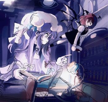 1990s_(style) 2girls 6osquet bat_wings black_dress book dress expressionless flying hat head_wings holding holding_book koakuma library long_hair looking_at_another medium_hair mob_cap multiple_girls open_book patchouli_knowledge purple_dress purple_eyes purple_hair red_eyes red_hair retro_artstyle robe shirt sitting smile table touhou white_shirt wings