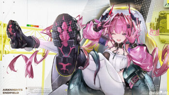 1girl absurdres arknights arknights:_endfield bare_shoulders commentary_request crop_top detached_sleeves feet foot_focus gloves hair_intakes hair_on_horn highres horns long_hair long_sleeves looking_at_viewer mannaha7 multicolored_hair one_eye_closed open_mouth pants pink_gloves pink_hair pointy_ears puffy_sleeves smile solo streaked_hair tail white_pants yvonne_(arknights)