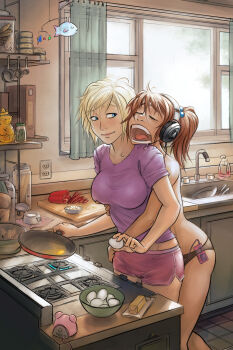 2girls bell_pepper bell_pepper_slice blonde_hair blue_eyes breakfast breasts brown_hair butter closed_eyes collarbone commentary commission cookie cooking curtains cutting_board mp3_player dishes drooling egg electrical_outlet food frying_pan grabbing_another's_breast grabbing_from_behind groping hair_bobbles hair_ornament headphones highres in_panties indoors jar kitchen large_breasts messy_hair multiple_girls onion open_mouth original psuede saliva shirt shorts sink sleepy slice_of_life stove t-shirt topless_female window yawning yuri