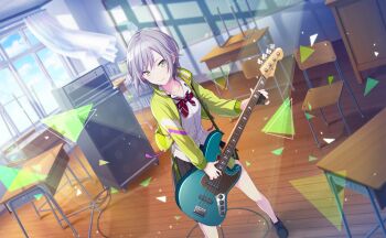 1girl amplifier bass_guitar black_hair black_shoes black_skirt bow bowtie chair classroom closed_mouth collarbone collared_shirt colored_inner_hair colorful_palette curtains desk foot_out_of_frame game_cg green_eyes green_jacket grey_hair highres hinomori_shiho instrument jacket multicolored_hair official_art open_clothes open_jacket pleated_skirt project_sekai red_bow red_bowtie shirt shoes skirt solo standing third-party_source triangle white_shirt window