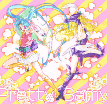 1990s_(style) 2girls aqua_hair blonde_hair boots copyright_name elbow_gloves freckles gloves heart kawai_sasami magical_girl mahou_shoujo_pretty_sammy masaki_sasami_jurai mochizuki_akari multiple_girls pink_eyes pixy_misa pretty_sammy pretty_sammy_(character) tenchi_muyou! twintails yellow_eyes