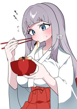 absurdres arched_bangs blue_eyes blunt_bangs blunt_sidelocks blush bow bowl breasts chopsticks commentary_request eating fingernails flying_sweatdrops food hair_bow hakama hakama_skirt highres holding holding_bowl holding_chopsticks huge_breasts japanese_clothes kosode long_hair long_sidelocks miko mochi nervous oimotororo1116 original purple_hair red_hakama shirt sidelocks signature simple_background skirt solo straight_hair sweatdrop tachibana_(oimotororo1116) thick_eyelashes upper_body white_background white_kosode wide_sleeves