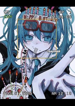 1girl artist_name blue_eyes blue_hair blush cake candle eyewear_on_head food fork happy_birthday hashtag-only_commentary hatsune_miku highres letterboxed looking_at_viewer reaching reaching_towards_viewer rectangular_eyewear simple_background solo twitter_username user_interface utensil_in_mouth viewfinder vocaloid white_background xdoxa89