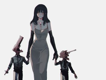 Rule 34 | 1girl, 2boys, black gloves, black hair, breasts, chainsaw man, cleavage, cross, cross necklace, cross scar, dongtan dress, dress, elbow gloves, facial scar, gloves, grey dress, gun devil (chainsaw man), highres, holding hands, inverted cross, inverted cross necklace, long hair, looking at viewer, mother and son, multiple boys, ratatatat74, ringed eyes, scar, scar on cheek, scar on face, scar on nose, simple background, sleeveless, sleeveless dress, solo, tank devil (chainsaw man), yellow eyes, yoru (chainsaw man)