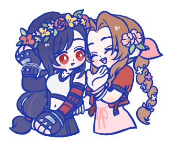 105zz 2girls aerith_gainsborough bare_shoulders black_gloves black_hair black_skirt black_sports_bra blush bracelet braid braided_ponytail breasts brown_hair closed_eyes commentary_request cowboy_shot crop_top dress facing_another final_fantasy final_fantasy_vii final_fantasy_vii_remake fingerless_gloves flower gloves hair_flower hair_ornament hair_ribbon hand_on_own_head head_wreath jacket jewelry long_hair looking_at_another low-tied_long_hair lowres materia medium_breasts midriff multiple_girls navel open_mouth parted_bangs pink_dress pink_ribbon ponytail red_eyes red_jacket ribbon single_arm_guard skirt smile sports_bra suspender_skirt suspenders tank_top tifa_lockhart white_background white_tank_top