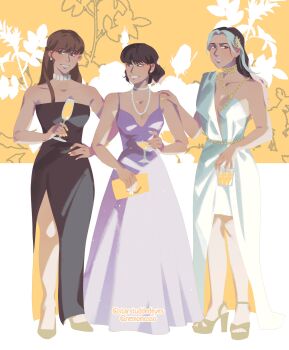 Rule 34 | 3girls, absurdres, black dress, blunt bangs, breasts, chain, character request, check character, cleavage, cup, dress, drinking glass, earrings, full body, grin, hair ornament, han sooyoung, head tilt, highres, holding, holding cup, jewelry, leaf hair ornament, lee seolhwa, multiple girls, necklace, nemomosso, omniscient reader's viewpoint, pearl necklace, purple dress, robe, side slit, smile, spaghetti strap, standing, starstuddedeyes, white robe, white streaks, wine glass, yoo sangah