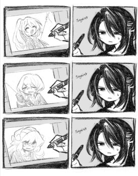 2boys 2girls artist_self-insert closed_eyes crying drawing_(action) gloves greyscale hair_between_eyes half-closed_eyes hand_up holding holding_stylus hong_lu_(project_moon) ishmael_(project_moon) limbus_company long_hair monochrome multiple_boys multiple_girls muu_037 open_mouth original project_moon sidelocks sinclair_(project_moon) smile squinting stylus sweat tablet_pc very_long_hair