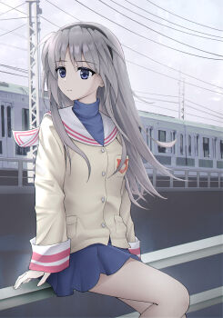 1girl black_hairband blazer blue_eyes blue_skirt clannad closed_mouth cloud cloudy_sky colored_eyelashes commentary expressionless feet_out_of_frame floating_hair glazearty grey_hair hairband highres hikarizaka_private_high_school_uniform jacket long_hair looking_to_the_side miniskirt on_railing outdoors pleated_skirt railing sailor_collar sakagami_tomoyo school_uniform serafuku sidelocks sitting skirt sky sleeves_past_wrists solo split_mouth train turtleneck very_long_hair white_sailor_collar yellow_jacket