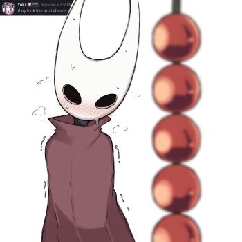 1girl anal_beads arthropod_girl blush bug cloak english_text highres hollow_eyes hollow_knight hollow_knight:_silksong horned_mask hornet_(hollow_knight) horns mask red_cloak second-party_source sex_toy simple_background sweat trembling white_background white_mask zlix0n