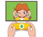 1girl animated blush bouncing_breasts breasts brown_hair controller crown earrings jewelry mario_(series) minuspal moaning nintendo nintendo_nx princess princess_daisy sexually_suggestive super_mario_bros._1 touchpad video video