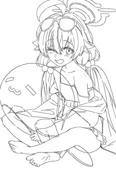 1girl barefoot blue_archive crossed_legs drive_shot fang glasses_on_head hoshino_(blue_archive) monochrome one_eye_closed sitting swimsuit