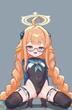 1girl absurdres ahoge aqua_neckerchief black_leotard blue-framed_eyewear blue_archive blue_eyes blue_sailor_collar blush braid braided_twintails covered_navel covered_pussy cunvaroy fang feather_hair feathers frilled_thigh_strap full_body green_neckerchief hair_ornament halo halter_leotard halterneck heattech_leotard highres leotard long_hair looking_at_viewer low_twin_braids neckerchief no_shoes open_mouth orange_hair sailor_collar semi-rimless_eyewear shimiko_(blue_archive) shimiko_(magical)_(blue_archive) shrug_(clothing) simple_background skin_fang smile smug solo spread_legs squatting super_highleg thigh_strap tiptoes turtleneck twin_braids under-rim_eyewear very_long_hair white_trim yellow_feathers yellow_halo