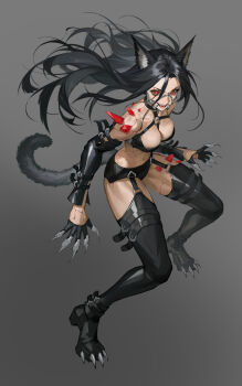1girl animal_ears black_hair breasts claw_ring colored_sclera detached_sleeves fangs full_body garter_straps gloves grey_background grey_sclera hair_between_eyes half_gloves highres iamc95 large_breasts long_hair looking_at_viewer original red_eyes solo tail thighhighs veins very_long_hair