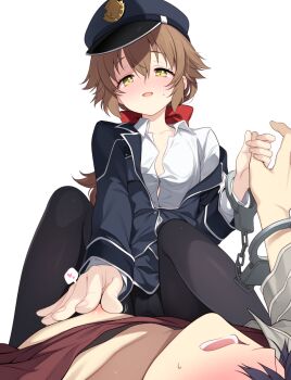 1boy 1girl assertive_female black_pantyhose blazer bow button_gap collared_shirt cuffs dress_shirt eiyuu_densetsu hair_bow hakuleg handcuffs hat head_out_of_frame heart hetero highres jacket nipple_stimulation nipple_tweak pantyhose partially_unbuttoned peaked_cap police police_uniform policewoman rean_schwarzer red_bow red_shirt sen_no_kiseki_(series) shared_handcuffs shirt single_off_shoulder sitting sitting_on_person spoken_heart sweat towa_herschel white_shirt