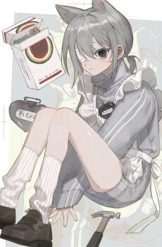 1boy animal_ears apron black_eyes brown_footwear cat_ears child cigarette closed_mouth collared_jacket empty_eyes expressionless eyepatch from_side full_body grey_hair grey_jacket grey_shorts hair_between_eyes hands_on_floor highres jacket kneehighs knees_up long_sleeves looking_at_viewer maid_apron male_focus medical_eyepatch mumukyabi name_tag original ponytail short_ponytail shorts sidelocks sitting socks solo tools track_jacket white_socks