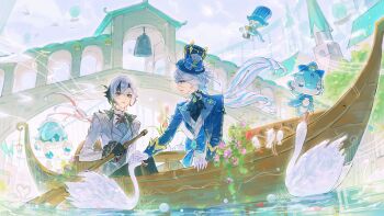 2girls absurdres ahoge aircraft arlecchino_(genshin_impact) ascot beak bell bird black_ascot black_eyes black_gloves black_hair black_pants black_shirt blue_bow blue_eyes blue_gemstone blue_hair blue_hat blue_jacket boat bow bridge building camera closed_mouth cloud cloudy_sky creature cup day european_architecture feathered_wings fish floating_hair flower flying furina_(genshin_impact) gem genshin_impact gentilhomme_usher gloves grey_hair grey_jacket grey_vest hair_between_eyes hat hat_bow hat_ornament highres holding holding_camera holding_oar hot_air_balloon jacket jar lantern lapels leaf long_hair long_sleeves looking_at_another low_ponytail low_twintails mademoiselle_crabaletta multicolored_hair multiple_girls oar on_boat open_clothes open_jacket open_mouth outdoors pants pearl_(gemstone) petals petting pink_flower ponytail purple_flower purple_sky red_flower red_hair red_pupils river shirt shui_zhi_pingshi sitting sky smile sparkle spoon standing surintendante_chevalmarin swan symbol-shaped_pupils table taking_picture top_hat tulip twintails two-tone_hair vest watercraft white_gloves white_hair white_shirt white_vest wings x-shaped_pupils