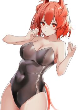 1girl animal_ears arknights bare_arms bare_shoulders bird_ears bird_girl bird_tail black_leotard breasts bright_pupils cleavage closed_mouth collarbone commentary_request covered_navel cowboy_shot expressionless fiammetta_(arknights) groin hair_between_eyes hands_up large_breasts leotard looking_at_viewer red_eyes red_hair short_hair sidelocks simple_background solo standing strapless strapless_leotard tail white_background white_pupils z_(knkr1025)
