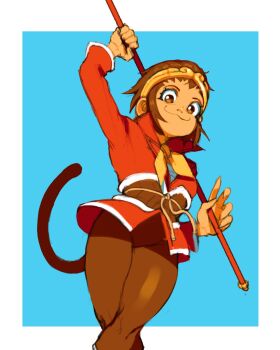 1girl :3 brown_eyes brown_hair capcom high-waist_skirt highres leggings marvel_vs._capcom marvel_vs._capcom_2 monkey monkey_girl sarashi short_hair sidelocks skirt smile sonson sonson_(series) staff thick_thighs thighs tico_sanchez