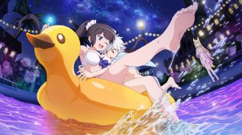 1boy 2girls :d animal_ears anime_coloring barefoot bell_cranel bikini black_hair blonde_hair blue_eyes blush breasts cleavage closed_eyes danmachi_battle_chronicle duck_innertube dungeon_ni_deai_wo_motomeru_no_wa_machigatteiru_darou_ka embarrassed face_to_breasts feet fox_ears fox_girl fox_tail game_cg hand_on_another's_back hestia_(danmachi) hetero highres innertube lamppost long_hair looking_at_another looking_at_breasts medium_breasts multiple_girls navel night non-web_source nose_blush official_art on_innertube one_eye_closed open_mouth pool red_eyes sanjouno_haruhime short_hair sitting sky smile splashing star_(sky) starry_sky stomach swim_ring swimsuit tail toes twintails white_bikini white_hair