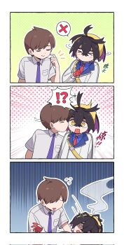 !? &gt;_&lt; 2boys @_@ belt belt_buckle black_hair blue_necktie blue_shirt breast_pocket brown_hair buckle closed_eyes collared_shirt colored_inner_hair comic cross crossed_bangs fainting florian_(pokemon) gloves hair_between_eyes hairband highres kashima_momoki kieran_(pokemon) kiss kissing_cheek long_sleeves male_focus mole mole_on_neck motion_lines multicolored_hair multiple_boys necktie nintendo no_mouth notice_lines open_mouth partially_fingerless_gloves pocket pointing pointing_at_self pokemon pokemon_sv purple_hair red_gloves red_necktie shirt short_hair short_sleeves smile spoken_x spot_color steam surprised two-tone_hair white_shirt x_(symbol) yaoi yellow_belt yellow_eyes