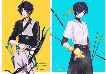 Rule 34 | 1boy, absurdres, archery, arrow (projectile), belt, black hair, black hakama, black jacket, blue background, bow (weapon), charm (object), chest guard, choker, closed mouth, collarbone, commentary, earrings, fang, gloves, hair over one eye, hakama, hakama skirt, half gloves, headband, highres, holding, holding bow (weapon), holding weapon, jacket, japanese clothes, jewelry, kyuudou, male focus, musical note, naru9, one eye closed, open mouth, pants, partially fingerless gloves, partially unzipped, partly fingerless gloves, quiver, short hair, skirt, solo, symbol-only commentary, weapon, white pants, wristband, yellow background, yellow gloves, yellow headband, yugake, yumi (bow), zenless zone zero, zipper, zipper pull tab