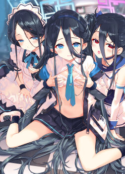 3girls :o absurdly_long_hair apron aqua_halo aqua_necktie aqua_ribbon arikawa_satoru aris_(blue_archive) aris_(maid)_(blue_archive) armband bare_legs black_choker black_dress black_hair black_hairband black_skirt black_socks blue_archive blue_armband blue_eyes blue_necktie blurry blurry_background blush bra breasts checkered_floor choker closed_mouth commentary_request detached_sleeves dot_nose dress fingernails frilled_apron frills hair_between_eyes hairband half-closed_eyes halo hand_on_own_chest hands_up highres idol_clothes jacket jacket_partially_removed kei_(blue_archive) loli long_hair long_hair_between_eyes long_sleeves looking_at_viewer maid_apron maid_headdress mischievous_straight_uniform_(blue_archive) multiple_girls multiple_persona navel neck_ribbon necktie off_shoulder official_alternate_costume on_floor one_side_up open_clothes open_jacket open_mouth open_shirt parted_lips pink_halo pleated_skirt rectangular_halo red_eyes ribbon school_uniform shirt shoes short_sleeves side_ponytail sitting skirt small_breasts smile sneakers socks spread_legs stomach teeth thighs underwear upper_teeth_only very_long_hair wariza white_bra white_jacket white_shirt white_shoes wristband