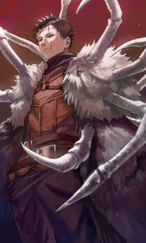 1boy absurdres belt black_cape black_clover black_hair blue_eyes bone brown_belt brown_vest cape cowboy_shot expressionless facial_mark forehead_mark fur-trimmed_cape fur_trim highres male_focus mark_under_eye multiple_belts red_background short_hair skeletal_wings solo sosuke_ppp tendril very_short_hair vest wings zenon_zogratis