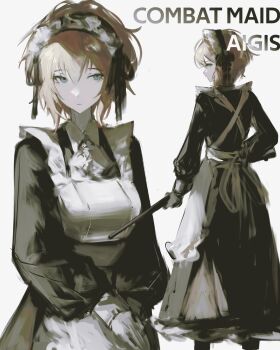 1girl aigis_(persona) alternate_costume apron black_dress black_hairband blonde_hair blue_eyes character_name closed_mouth commentary_request cowboy_shot dress english_text enmaided feet_out_of_frame from_behind gun hair_between_eyes hairband highres holding holding_gun holding_weapon k1kiwa long_sleeves looking_to_the_side maid maid_apron multiple_views own_hands_together persona persona_3 persona_3_reload short_hair shotgun simple_background weapon white_apron white_background