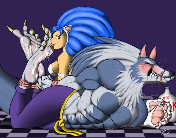 1boy 1girl animal_ears barefoot belt biceps blue_hair bound breasts cat cat_ears cat_girl checkered_floor darkstalkers feet felicia_(darkstalkers) foot_worship jon_talbain licking_foot milk pants pawpads purple_background purple_pants saliva shirtless_male soles tickle_torture tickling toe_claws toes tongue tongue_out torture werewolf yellow_belt zp92