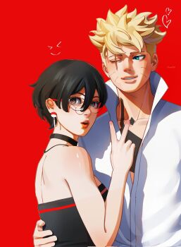 >_< 1boy 1girl balcony bare_shoulders black_choker black_eyes black_tube_top blonde_hair blue_eyes boruto:_two_blue_vortex chest_tattoo choker collarbone commentary corrupted_twitter_file drawink earrings english_commentary glasses heart hetero highres jewelry naruto_(series) necklace one_eye_closed parted_lips scar scar_across_eye scar_on_face shirt short_hair smile strapless tattoo tube_top uchiha_sarada uchiha_symbol uzumaki_boruto v white_shirt