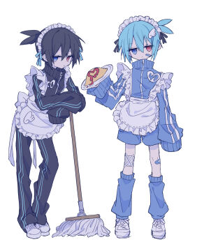2boys absurdres apron black_hair black_jacket black_pants black_ribbon black_sig blue_eyes blue_hair blue_ribbon blue_shorts blue_socks broom closed_mouth commentary_request crossdressing crossdressing_(mtf) double-parted_bangs dual_persona food frilled_apron frills full_body futaba969649 hair_between_eyes hair_ribbon heterochromia highres holding holding_plate jacket jersey_maid long_sleeves looking_at_viewer maid maid_headdress male_focus male_maid multiple_boys omelet omurice pants plate puyopuyo red_eyes ribbon shoes short_hair shorts sig_(puyopuyo) simple_background sleeves_past_fingers sleeves_past_wrists sneakers socks standing track_jacket unconventional_maid white_apron white_background white_shoes zipper