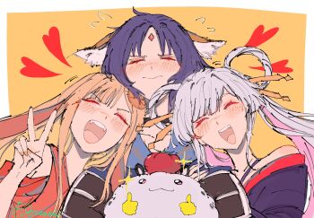 Rule 34 | 3girls, :3, animal ears, arm hug, bare shoulders, blonde hair, cho kaguya-hime!, closed eyes, colored inner hair, crescent, crescent hair ornament, double thumbs up, facing viewer, flying sweatdrops, fox ears, fushi (cho kaguya-hime!), girl sandwich, hair ornament, hair stick, hashtag-only commentary, heart, highres, japanese clothes, kaguya (cho kaguya-hime!), kimono, lop rabbit ears, multicolored hair, multiple girls, open mouth, pink hair, purple hair, purple nails, rabbit ears, red kimono, runami yachiyo, rynyurika, sakayori iroha, sandwiched, signature, smile, thumbs up, two-tone hair, upper body, white hair, yuri