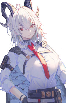 1girl absurdres ahoge arm_pouch black_horns black_jacket breasts chest_harness collared_shirt commentary_request curled_horns earrings gekikara_gogo hair_between_eyes harness highres horns jacket jacket_on_shoulders jewelry key_earrings large_breasts looking_at_viewer mole mole_under_eye necktie partial_commentary red_eyes red_necktie shirt shirt_tucked_in simple_background solo upper_body white_background white_shirt wuthering_waves zani_(wuthering_waves)