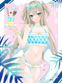 1girl absurdres aqua_bikini aqua_eyes aqua_nails arm_behind_back artist_name bikini blurry blurry_foreground blush bow candy cherry chocolate chocolate_heart cowboy_shot cream eyelashes eyewear_on_head fingernails food frilled_bikini frilled_cuffs frilled_thigh_strap frills fruit grey_hair hair_bow halterneck heart heart-shaped_eyewear heart-shaped_food high-waist_bikini highres holding holding_plate holding_swim_ring innertube long_hair looking_at_viewer nail_polish navel original parfait plaid_bikini plaid_bow plaid_clothes plate smile solo standing stomach swim_ring swimsuit thigh_strap tongue tongue_out two_side_up wafer_stick wanko_(yurika0320) white_wrist_cuffs wrist_cuffs
