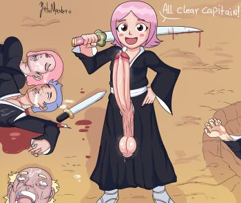 1boy 1futa 3girls absurdres after_rape bleach blood corpse cum cum_in_mouth defeat erection futa_with_female futa_with_male futanari highres huge_penis kusajishi_yachiru large_testicles loli multiple_girls futa_without_pussy open_mouth penis pink_hair precum retracted_foreskin solo sweat sword testicles text_focus uncensored weapon yutomaster zanpakuto
