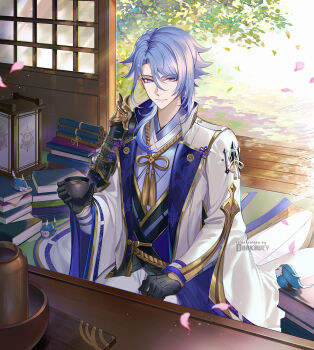 1boy arm_guards armor backlighting bird black_gloves blue_hair book book_stack closed_mouth commentary cup darkavey day english_commentary flower_knot genshin_impact gloves gold_trim hair_between_eyes hair_over_shoulder half_gloves hand_up highres holding holding_cup indoors jacket japanese_armor japanese_clothes kamisato_ayato kimono lantern lapels light_particles long_sleeves looking_at_viewer male_focus medium_hair mole mole_under_mouth open_clothes open_jacket pants parted_bangs petals purple_eyes purple_kimono rope scroll shouji shoulder_armor sidelocks sitting sliding_doors smile sode solo sunlight swept_bangs table tassel tatami tea tree vest waistcoat white_jacket white_pants wide_sleeves yunomi