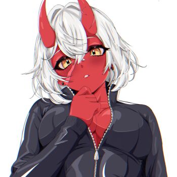 1girl absurdres akumi_(yoclesh) breasts cleavage colored_skin commentary english_commentary hair_between_eyes highres horns indie_virtual_youtuber jacket large_breasts looking_at_viewer oni pointy_ears red_horns red_oni red_skin scar scar_on_face scar_on_horns short_hair skin-covered_horns solo track_jacket tzeencth_(artist) virtual_youtuber white_background white_hair yellow_eyes zipper