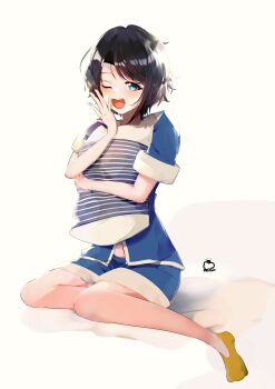 1girl ;d absurdres artist_name bed_sheet black_hair blue_eyes blue_pajamas blue_shorts covering_own_mouth emutakanoe full_body hand_over_own_mouth hand_up highres holding holding_pillow hololive looking_at_viewer navel on_bed one_eye_closed oozora_subaru open_mouth pajamas pillow short_hair short_sleeves shorts signature simple_background sitting smile socks solo striped_pillow swept_bangs virtual_youtuber white_background yawning yellow_socks yokozuwari