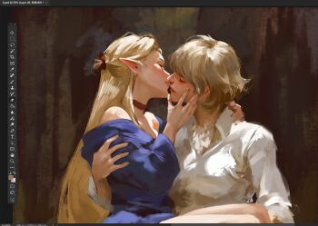 2girls art_program_in_frame blonde_hair blush body_fur breasts closed_eyes dress dungeon_meshi elf falin_touden falin_touden_(chimera) feathers highres imminent_kiss long_hair long_sleeves marcille_donato monster_girl multiple_girls pointy_ears sabertoon_artt shirt short_hair simple_background white_feathers yuri