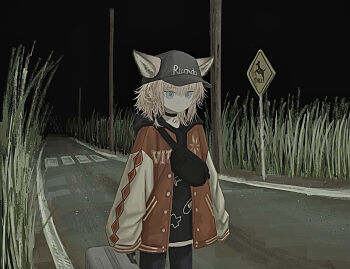 1girl absurdres animal_ears arknights baseball_cap black_bag black_choker black_hat black_pants black_shirt blue_eyes braid buttons choker commentary cross cross_choker dark dot_nose ears_through_headwear expressionless fanny_pack fox_ears fox_girl greek_cross grey_hair hat highres hood hood_down hooded_jacket jacket long_sleeves night outdoors pants red_jacket road road_sign rolling_suitcase shirt side_braid sign single_braid sleeves_past_fingers sleeves_past_wrists snaph solo street suitcase sussurro_(arknights) sussurro_(travel_freely)_(arknights) unbuttoned
