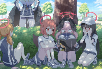 <|>_<|> 5girls absurdres black_hair black_hat black_wings blonde_hair blue_archive blue_jacket blue_shoes blue_shorts blunt_bangs blush book brown_hair covering_own_eyes feathered_wings garados_(limmjiiiminnn99) hands_on_own_hips hasumi_(blue_archive) hasumi_(track)_(blue_archive) hat head_wings highres holding holding_book jacket justice_task_force_(blue_archive) justice_task_force_member_(blue_archive) kneeling koharu_(blue_archive) long_hair looking_at_another low_twintails mari_(blue_archive) medium_hair multiple_girls on_ground open_mouth pink_hair red_eyes shirt shoes short_sleeves shorts sidelocks t-shirt track_suit twintails white_shirt wings