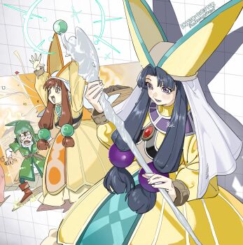 Rule 34 | absurdres, aqua loincloth, aqueduct, black hair, blush, boots, border, brazier, brick floor, brooch, brown hair, casting spell, character request, collar, commentary request, confetti, dragon quest, dragon quest vii, dress, fosse (dq7), full body, grid background, grin, hair ornament, hat, hero (dq7), highres, himuro yukichiko, holding, holding staff, jewelry, light blush, long hair, long sleeves, looking ahead, low-tied long hair, orange eyes, outdoors, outstretched arms, parted bangs, peasant, pig, pig tail, powering up, priest, purple eyes, robe, signature, smile, sparkle, sparkling eyes, sphere hair ornament, staff, standing, surprised, tail, veil, yellow robe