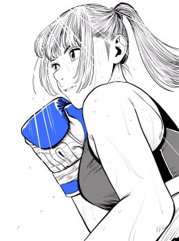 Rule 34 | 1girl, blue gloves, boxing, boxing gloves, breasts, commentary request, dutch angle, from below, gloves, greyscale, hatching (texture), high ponytail, highres, lee (dragon garou), light rays, lips, medium breasts, monochrome, original, parted lips, ponytail, shoulder blades, sideburns, sidelocks, solo, sports bra, spot color, sweat, upper body