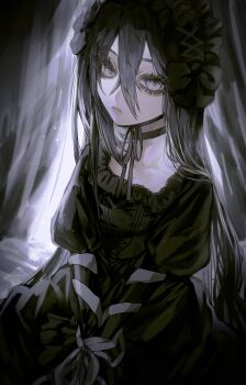 Rule 34 | 1girl, black choker, black dress, black hair, black headdress, bound, bound arms, bow, choker, dress, eyelashes, frilled headwear, grey eyes, hair between eyes, hairband, hat, hat ribbon, headdress, highres, juliet sleeves, lace, lace-trimmed dress, lace trim, long hair, long sleeves, looking at viewer, original, pale skin, parted lips, puffy sleeves, ribbon, solo, taezuodoru 0, upper body