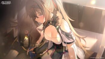 1boy 1girl aether_gazer artist_request black_jacket blue_eyes blush breasts brown_hair character_request cleavage clothing_cutout collarbone copyright_name copyright_notice fur_trim hair_ribbon highres holding_hands jacket long_hair official_art open_clothes open_jacket red_ribbon ribbon second-party_source shoulder_cutout sitting